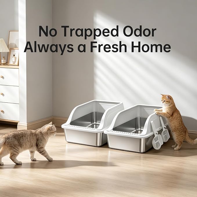High-Sided Stainless Steel XL Cat Litter Box for Cats | High-sided design prevents urine leakage. Non-stick and easy to clean. Includes scoop (Gray)