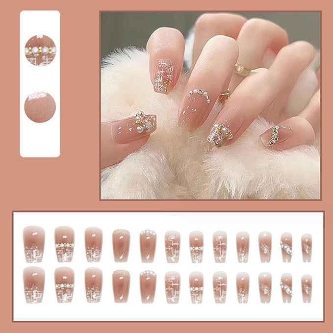 Hkanlre Press on Nails Fake Nails False Nails for Women and Girls 240308 (Nude Lattice)
