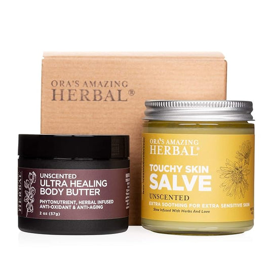 Ora's Amazing Herbal Salve & Butter Set for Dry Skin, Eczema Cream Treatment, Touchy Skin Salve, Ultra Healing Body Butter, Organic Calendula for Skin, Herbal Salves, Unscented Skincare
