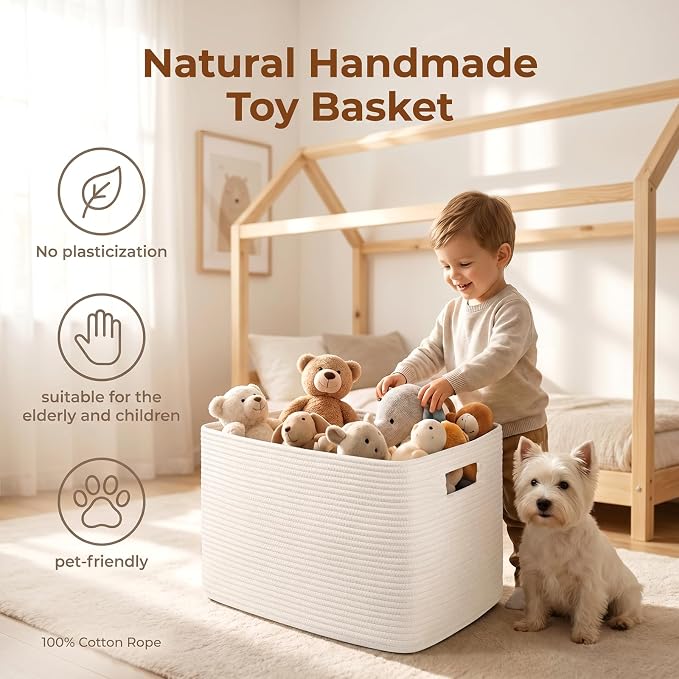 OIAHOMY 75L Large Blanket Basket, Woven Cotton Rope Baskets for Organizing, 22”x17”x12”, Blanket Basket living Room, Bedroom, Nursery, Dog Toy Storage Bins, White