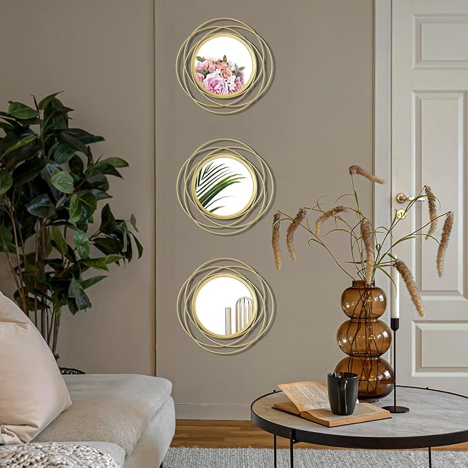 3 Set Round Mirrors for Wall Decor Living Room Bedroom Bathroom Dining Room Metal Circle Mirror Set Boho Decorative Sunburst Wall Art Accent Entryway - Gold 9.5 in