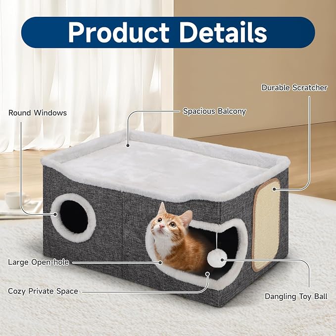 Shikha Extra Large Cat House Bed for Multi Cats with Scratch Pad Grey | 24 x 17.7 x 12.6 IN Widen Cat Cave Cube for Multi Pets, Foldable, Arc-Edge Design, Oval Door, All Seasons Reversible Cushion