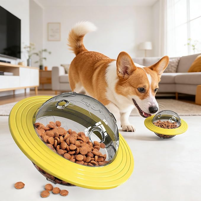 Dog Treat Dispenser Toy Planet Shaped Interactive Dog Toys Slow Feeder Treat Puzzle Dog Toy for Dogs Bite Resistant PC Roller for Training and Indoor Outdoor Play 6.5 in (Yellow)