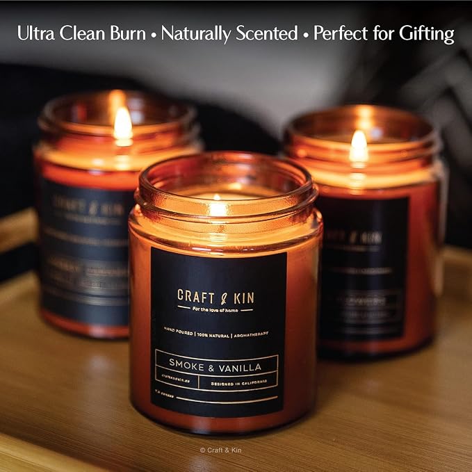 Craft & Kin Premium Smoke & Vanilla Scented Candle – Long Lasting, 45 Hour Burn Time – Luxury Natural Soy Scented Candle – Room Decor and Aromatherapy – 8 oz