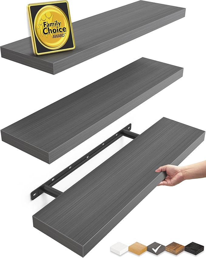 BAYKA Grey Floating Shelves 22.5in, Set of 3, Wall Mount Rustic Wood Shelf | Easy Install, 22lbs Max Load, Hidden Bracket, for Bathroom Bedroom Kitchen Display Storage Decor, Multi-Wall Compatible