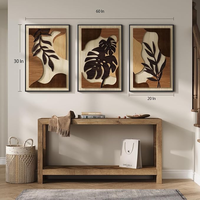 Framed Wood 3D Boho Textured Wall Art for Living Room, Large 3 Piece Carved Wooden Tropical Botanical Artwork for Walls, Brown Monstera Leaf Wood Bedroom Dining Room Home Office Wall Decor, 20x30 Inch