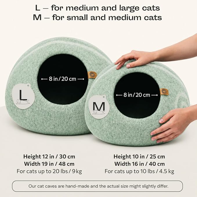 Cat Cave - Merino Wool Bed for Indoor Cats (Pistachio, Medium) | Cat Bed Enclosure, Premium Felt, Handmade, Super Soft, Lightweight, Breathable, Adjustable Shape