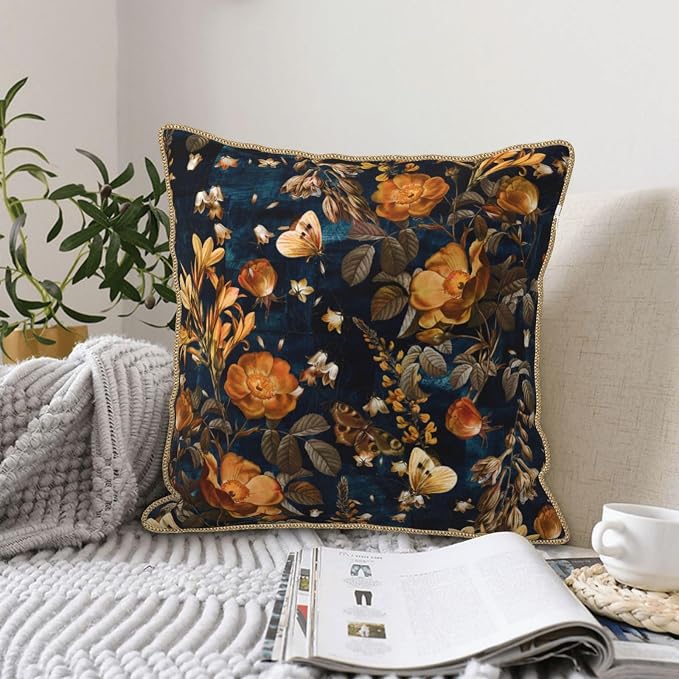 Vintage Floral Velvet Pillow Covers 20x20 Inch Blue Brown Leaf Flowers Throw Pillows for Couch Farmhouse Cushion Covers Pillowcase Butterfly Plant Leaves Pillow Cases for Sofa Bed Outdoor Decor