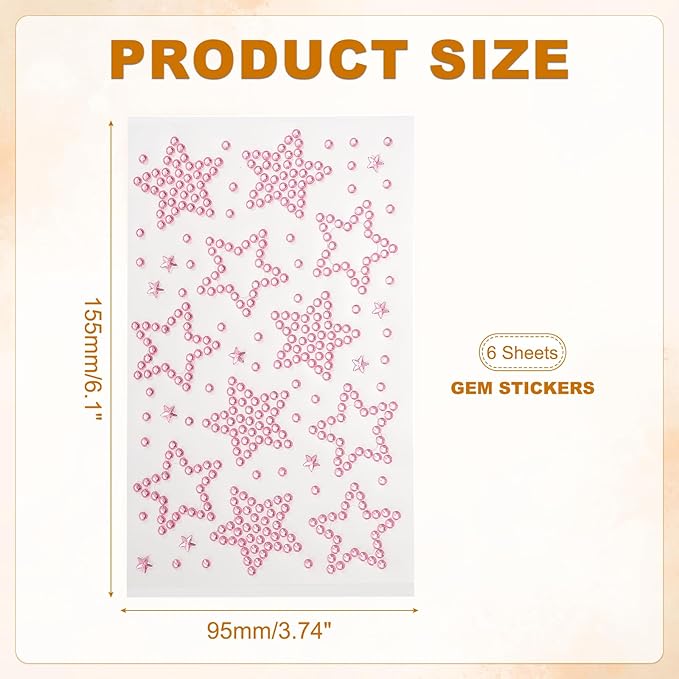 PATIKIL 6Sheets Star Face Gems, Self Adhesive Hair Gems Stickers Face Stickers for Women Eye Hair Body Festival Makeup Rave Accessories, Pink