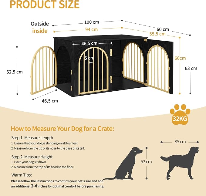 Hzuaneri 39.4'' Dog Crate Furniture,Dog Kennel Indoor for Medium/Large Dogs | Dog Kennel Furniture Wooden Dog Cage Heavy Duty Dog Crate Decorative Pet House End Side Table TV Stand,Black Gold DFC84104A