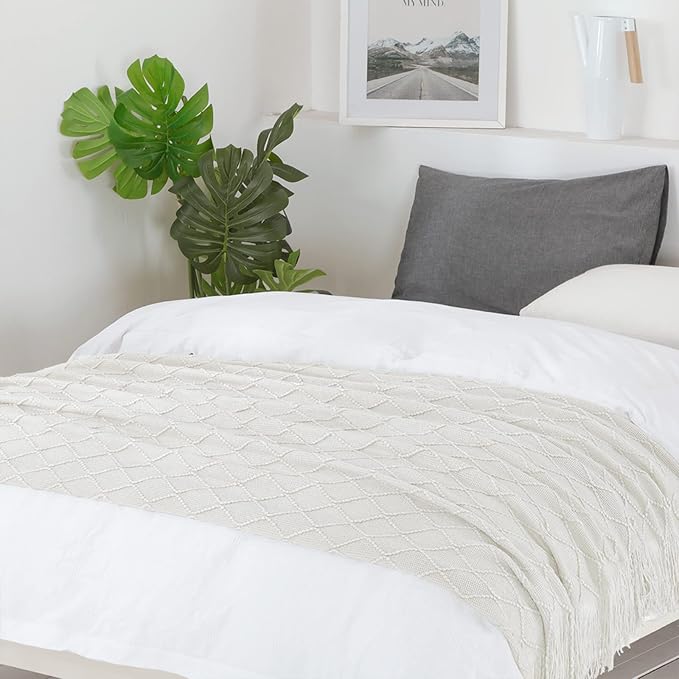 BOURINA Beige Throw Blanket 50x60 Inch Boho Knitted Soft Throw Sofa Blanket | Knitted Throw Blanket 50x60 Inches, Soft Lightweight Boho Weave Throw Decorative Couch Blanket for Living Room Bedroom Chair