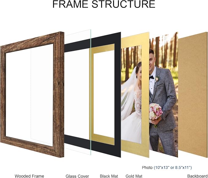 Hongkee 10x13 Picture Frame Set of 4, Made of Real Glass and Rustic Brown Frame, 10 by 13 Photo for Wall or Tabletop - Display Picture 8.5x11 with Mat or 10x13 Without Mat