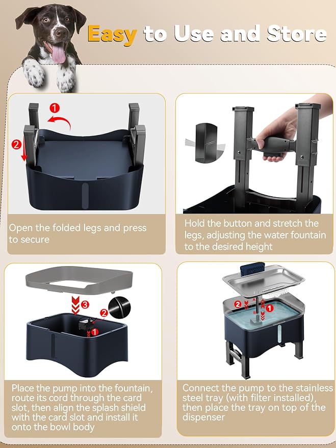 11L Elevated Dog Water Fountain No-Spill with 4 Heights Adjustable | Large Capacity, No-Splash, Anti-Slip Mat, 304 Stainless Steel Tray, 5-layer Filtration, for Senior/Large Dog & Multi-Pet Home