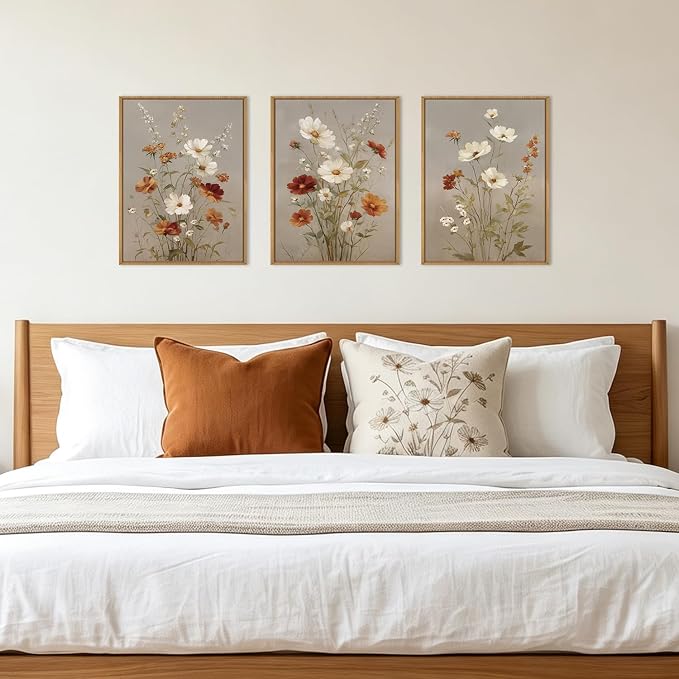 BINCUE Vintage Flower Wall Art Canvas Rustic Wildflower Artwork Neutral Botanical Wall Decor Framed Mid Century Floral Painting Farmhouse Daisy Prints for Living Room Bedroom Office 12"Lx16"W Set of 3