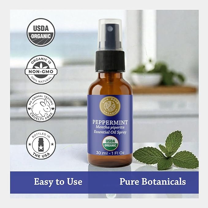 Silk Road Organic Peppermint Essential Oil Spray for Head Tension, Nausea, Morning Sickness, Energy & Focus - 1 oz. USDA Certified Aromatherapy Spray - Always Pure, Always Organic