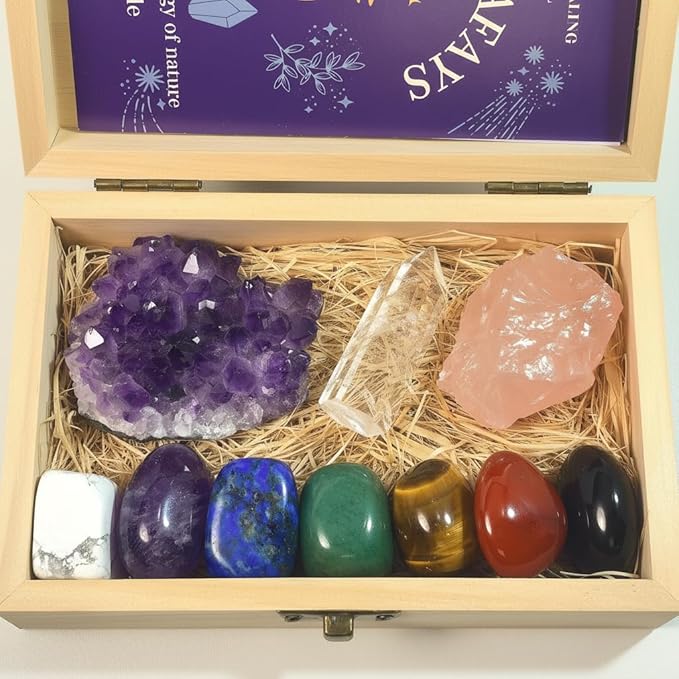 Large Premium Crystals and Healing Stones in Wooden Gift Box + Velvet Pouch + 7 Chakra Tumbled Gemstones+Info Guide, Amethyst Cluster，Rose Quartz ，Quartz Crystal Point
