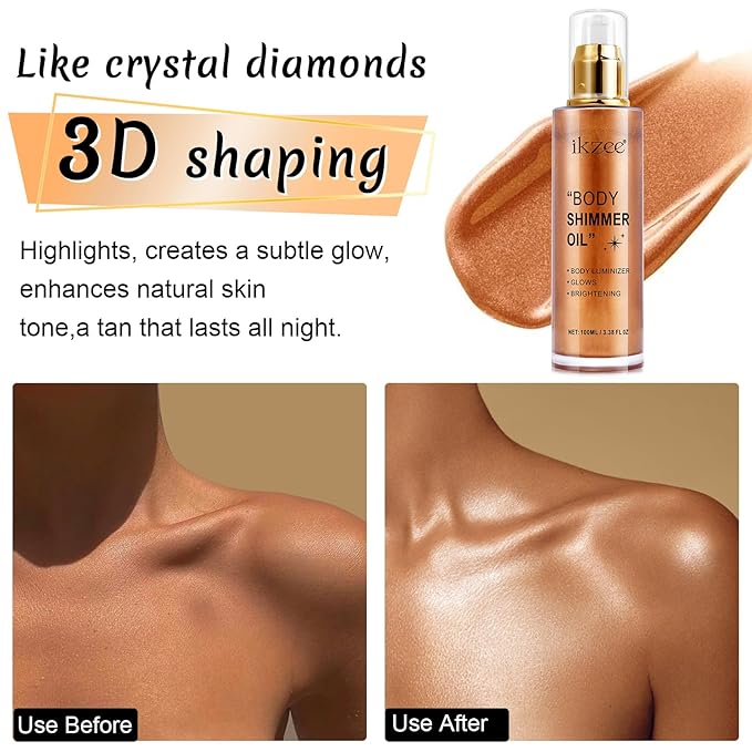 Body Shimmer Oil 100ml, Long Lasting Moisturizing Face & Body Luminizer, Waterproof Liquid Illuminator, Shimmer Glitter Oil Highlighter (#04 Golden Brown)