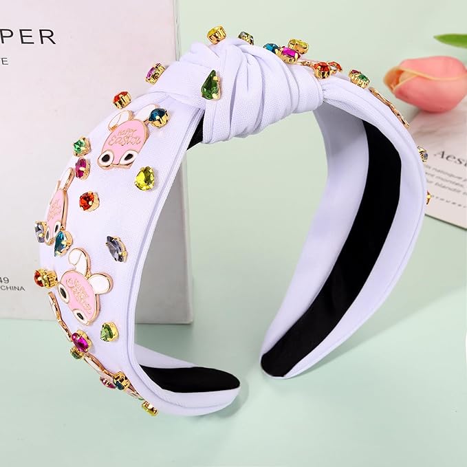 mokkia Easter Headbands Beaded Rabbit Bunny Headband for Women Pink Spring Knotted Headband Easter Hair Accessories Gifts