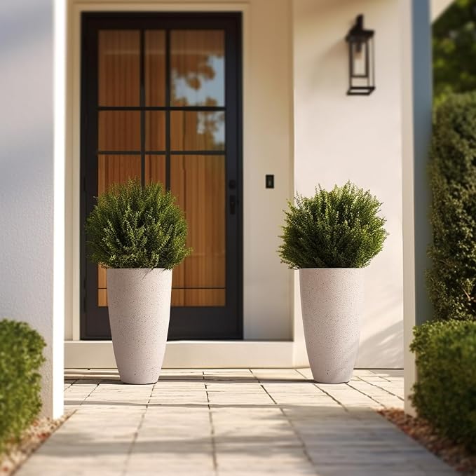 LA Jolie Muse 20 Inch Tall White Planters,Set of 2 Indoor/Outdoor Tall Planters with Shelf Insert and Trays,Modern Large Flower Pot for Front Front Door, Patio and Deck | Set of 2, Large Flower Pots with Drainage Holes and Tray, Modern Planter for Fron...