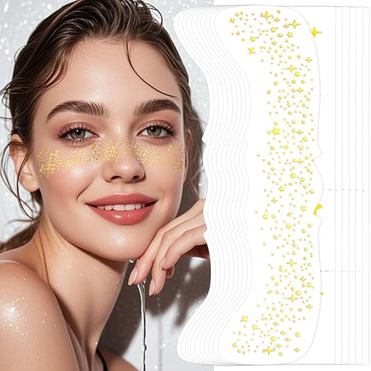 16 PCS Temporary Tattoos, Face Glitter, Gold Face Tattoos Stickers, Temporary Body Face Glitter, Makeup Patches for Women Girls Music Festival, Carnival Party, Halloween