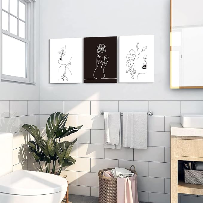 Chadow Artwork Minimalist Line Art Prints Set of 3 Abstract Women Faces Flower Wall Art Black and White Line Drawing Painting Modern Aesthetic Poster for Girls Bedroom Bathroom Living Room Decor