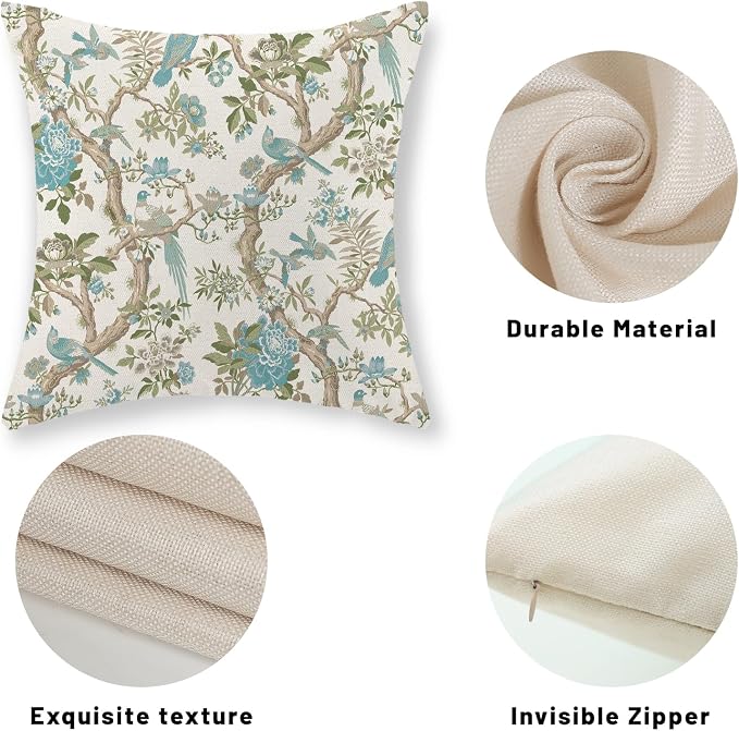 Teal Green Floral Bird Pillow Covers 18x18 Inch Set of 2 Chinoiserie Throw Pillows Vintage Flowers Bird Decorative Pillow Cases Outdoor Chinoiserie Decor Farmhouse Cushion Case for Couch Sofa