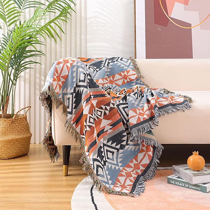 Lqprom Aztec Southwestern Throw Blanket,Native American Cover 51"x63" | Southwest Boho Style,Sofa Chair Cover,Outdoor Beach Car Tent Travel Camping Use,Reversible and lightweight,Tapestry,Tassels