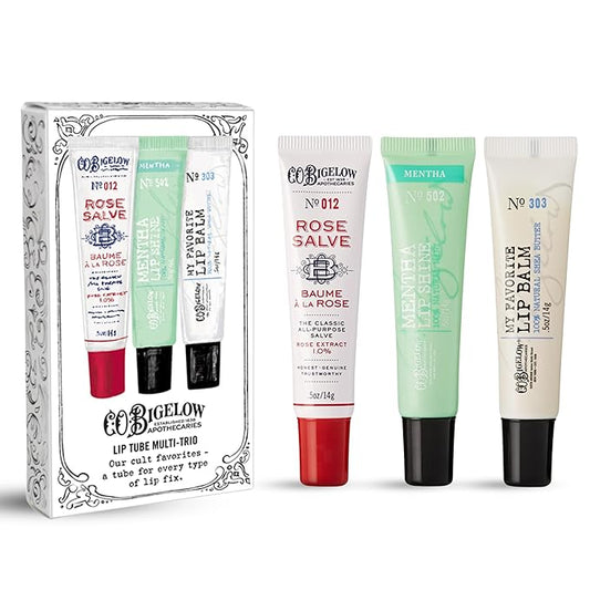 C.O. Bigelow Assorted Lip Balm Tubes Trio, Rose Salve, My Favorite Lip Balm, & Mentha Shine, Pack of 3 Lip Care Set, 0.5 oz