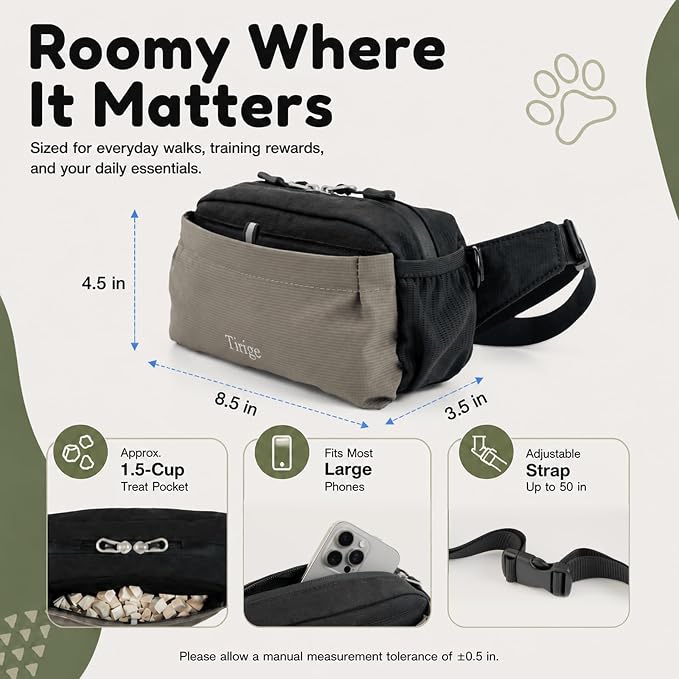 Dog Treat Pouch for Training, Magnetic Closure, Pull-Out Lining | 1.5-cup front pocket, large-phone storage, poop bag dispenser, used-bag loop, and 10-50 in strap for waist or crossbody wear