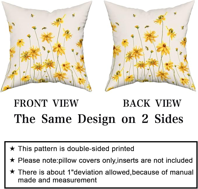 Spring Summer Throw Pillow Covers 16X16 Inches Set of 2 Yellow Flowers Coreopsis Bee Decorative Pillow Cases Bees Floral Pillow Cover Farmhouse Home Decor for Outdoor Room Couch Patio Porch