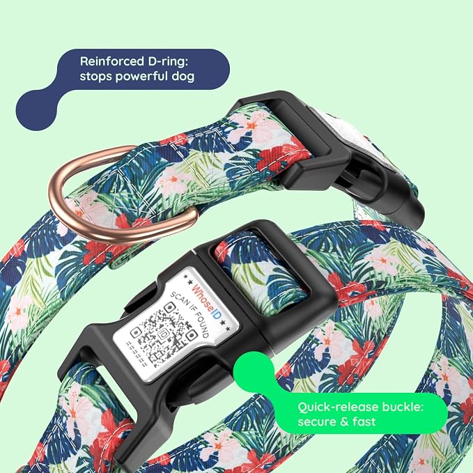 Airtag Dog Collar,with Waterproof airtag Holder，Original Stylish Cute Pattern Design.QR Code ID Buckle，Comfortable Soft Cotton for Small Medium Large Dogs