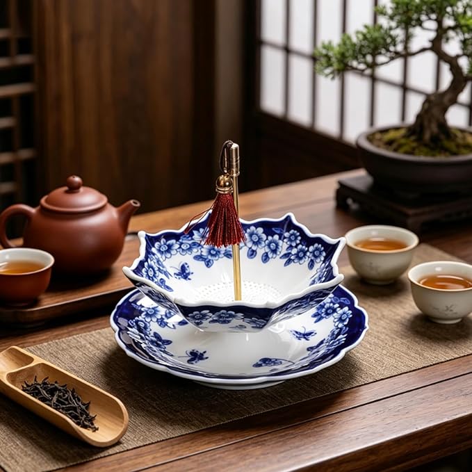 Umbrella Tea Strainer, Blue and White Porcelain | Umbrella Shape Ceramic, For Loose Leaf Tea, Rotating Design, Coffee Brewing Filter