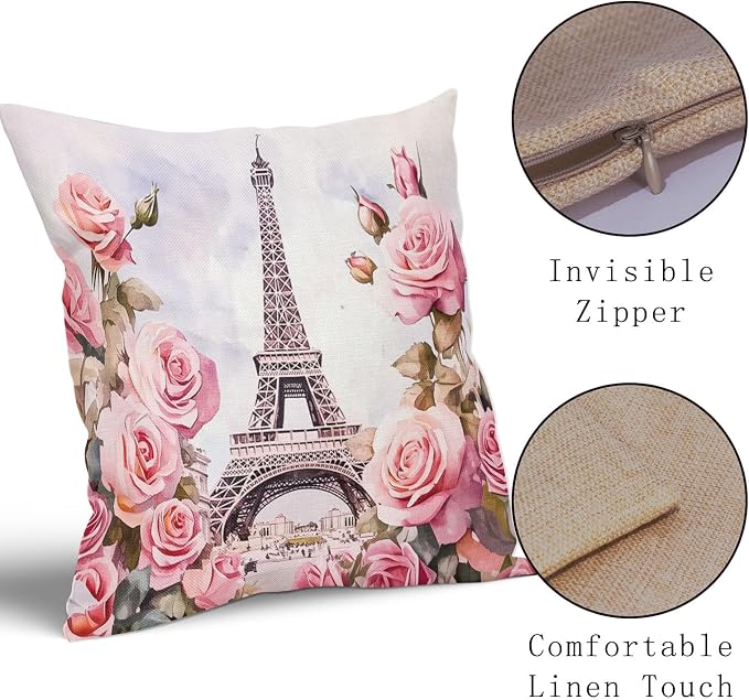 Valentine's Day Pillow Covers 22X22 Inch Set of 2 Paris Street Romantic Love Pink Flower Decorative Pillow Cases Anniversary Wedding Cushion Case Valentine Party Home Decor for Sofa Couch
