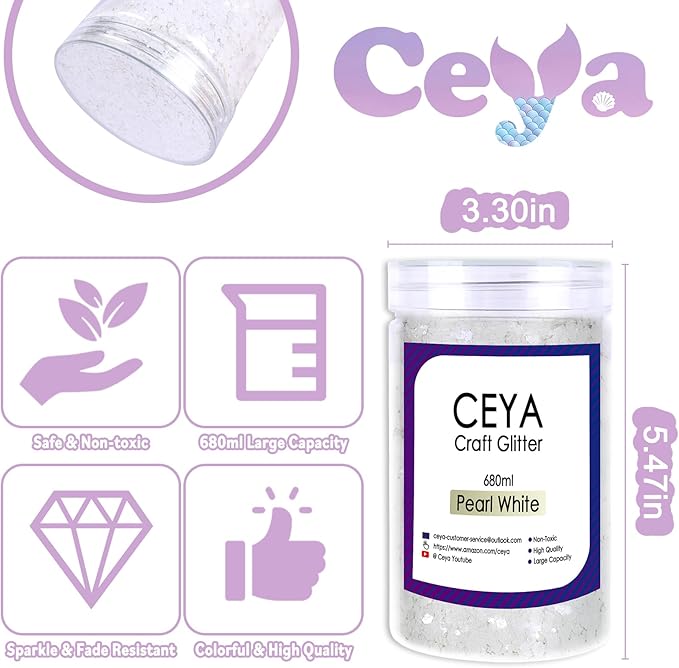 Ceya Chunky Glitter, 1 LB/ 16OZ Pearl White Bulk Craft Glitter Mixed Chunky Fine Glitter Bottled Metallic Flake Nail Sequins for Epoxy Resin, Tumblers, Scrapbooking, Party, Festival Decor, Art Project