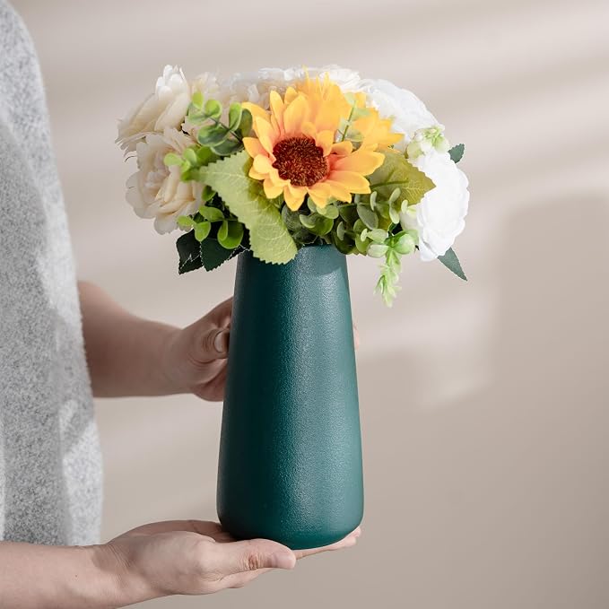 Simple Boho Ceramic Flower Vase for Home Decor (Green,Big) | 8'' Modern Farmhouse Vase for Flower Plant Pampas Grass, Fit for Table Shelf Centerpieces, Living Room Bedroom Wedding Gift