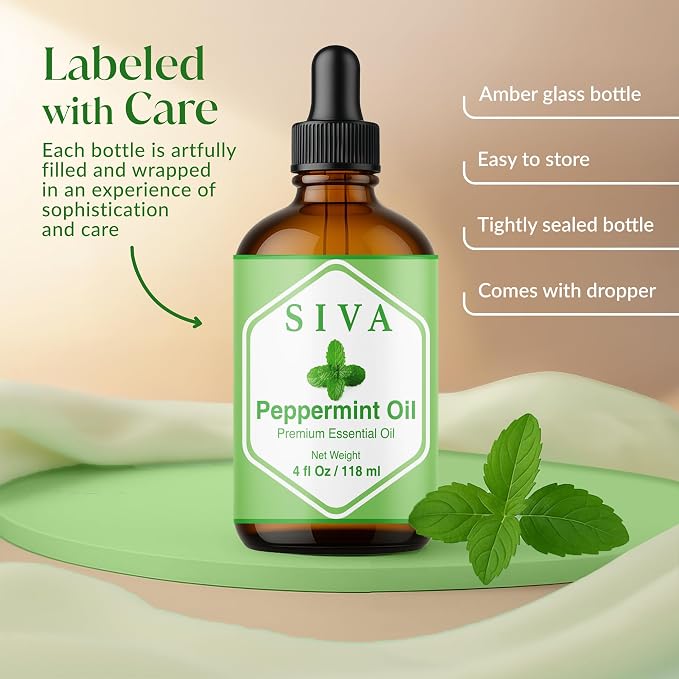 Siva Peppermint Essential Oil 4 Fl Oz – for Diffuser, Skin & Hair Care – Ideal for Aroma, Massage & DIY Blends- with Dropper
