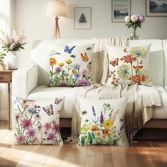 wyooxoo Throw Pillow Covers 20x20 Set of 4 Summer Spring Pillow Covers Flower Butterfly Farmhouse Cushion Case for Sofa Couch Outdoor Patio