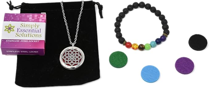 Aromatherapy Essential Oil Diffuser Stainless Steel 30MM Silver Locket Pendant 2 Sizes Chain Necklace, Refill Pads & Diffuser Bracelet in a Velvet Bag (flower2)