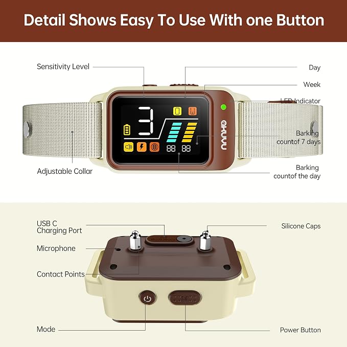 Dog Bark Collar-Rechargeable Smart Barking Collar- Anti Bark Training Collar with Adjustable Sensitivity Beep Vibration Shock- Bark Shock Collar for Small Large Medium Dogs