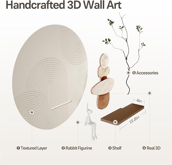3D Textured Neutral Abstract Wall Art Decor with Shelf, Boho Beige and Brown Artwork for Walls, Modern Minimalist Wall Decor for Living Room, Hallway, Dining Room, Kitchen, Bedroom, Office 24x24 Inch