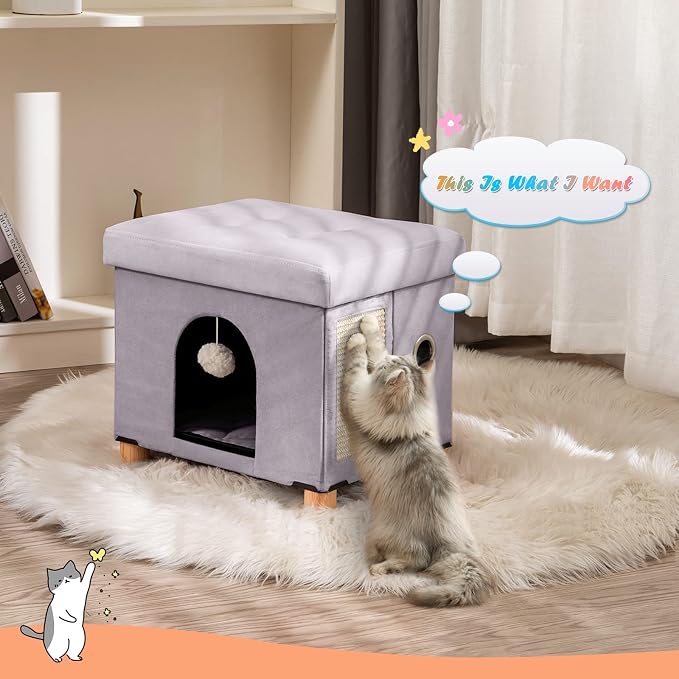 BRIAN & DANY Cat House for Kitten,Cat Beds for Indoor Cats with Fluffy Ball Hanging and Scratch Pad, 14.7" x 14.1” x 12.7”, Light Gray