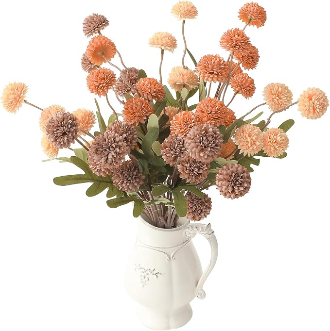 9pcs Burnt Orange Taupe Mix Faux Silk Mums Artificial Flowers, Bulk Fake Small Mini Chrysanthemums with Stems for DIY Wedding Centerpieces Floral Arrangements Vase Fillers Home Decorations