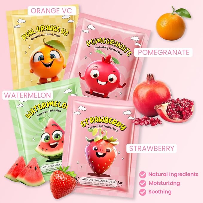 evpct 8-Pack Fruit Sheet Face Facial Masks for Women Skincare Spa, Facial Spa Day Slumber Sleepover Birthday Party Favors Supplies, Natural Ingredients, Hydrate and Soothe for All Skin Types, SetA01