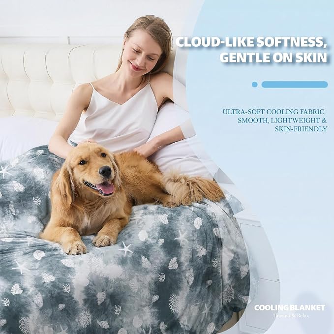 Cooling Blanket Throw Size (50"x70"), Double Sided Ice Cold Blanket for Hot Sleepers, Transfer Heat to Keep Cool, Soft Lightweight for Night Sweats, Bed & Couch, Ocean Design
