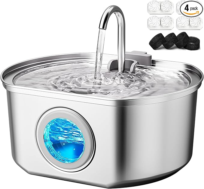 Cat Water Fountain Stainless Steel: 108oz/3.2L Cat Fountain for Drinking | Pet Water Fountain Inside - Automatic Dog Watering Dispenser Bowl - Pet Feeding & Watering Supplies - Water Level Window