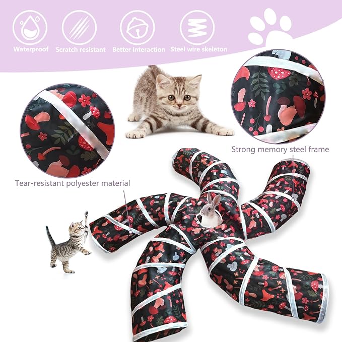 EGETOTA Cat Tunnel for Indoor Cats Large, with Play Ball S-Shape 5 Way Collapsible Interactive Peek Hole Pet Tube Toys, Puppy, Kitty, Kitten, Rabbit (S5 - Mushroom)