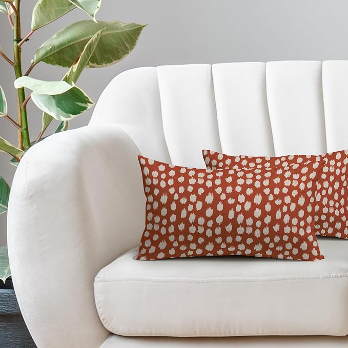 Burnt Orange Cream Dots Lumbar Pillow Covers 12x20 Set of 2 Boho Design Polka Dot Print Throw Pillows Modern Outdoor Decorative Pillowcase Rectangle Linen Cushion Cases Decor for Sofa Couch Bed