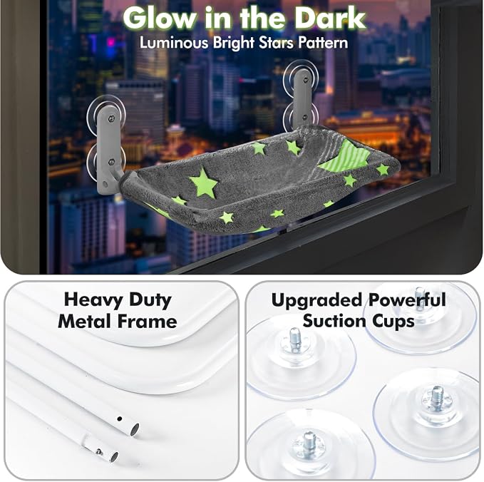 Zoratoo 2PC Glowing Star Cat Window Perch, Foldable Cordless Pet Hammock, M | Glow in the Dark Fabric, Sturdy Metal Frame, Removable for Machine Wash,Comfortable Sunken Design Resting Seat for Indoor Cat