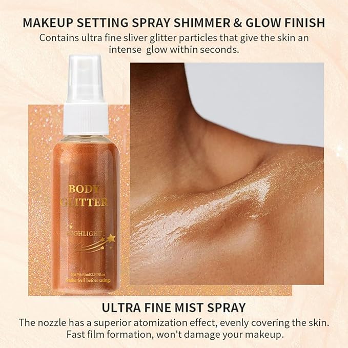 Body Glitter Spray Highlight, 4 Shimmering Color, Quick-Drying Formula Moisturizing Liquid Highlighter for Black/White Skin Women Men for Party, All Body Parts (# 04 Copper)