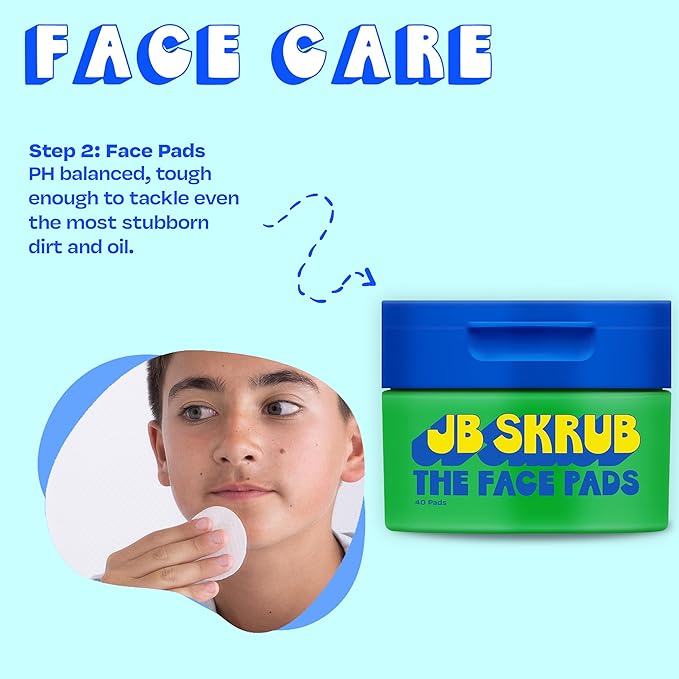 JB SKRUB Boys Acne Skincare Kit for Teens‚ Complete 4-Step Routine: Face Wash, Lotion, Cleansing Pads & Pimple Patches‚ Starter Set